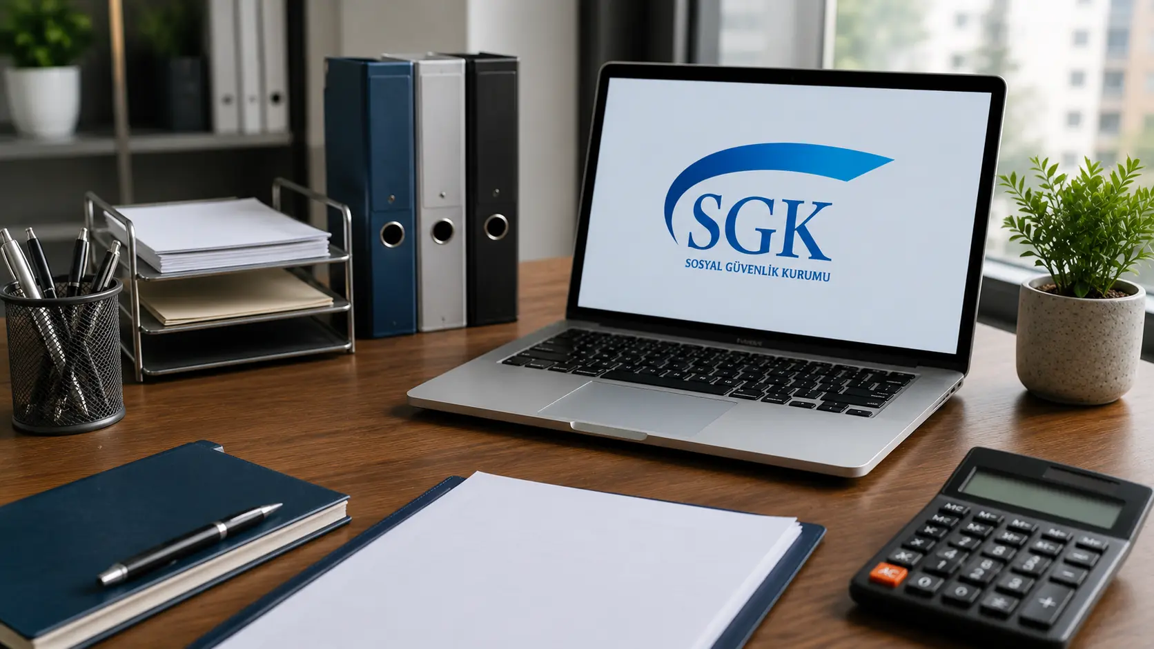 SGK logosu bulunan dizüstü bilgisayar ile modern ofis masasında işveren evrakları